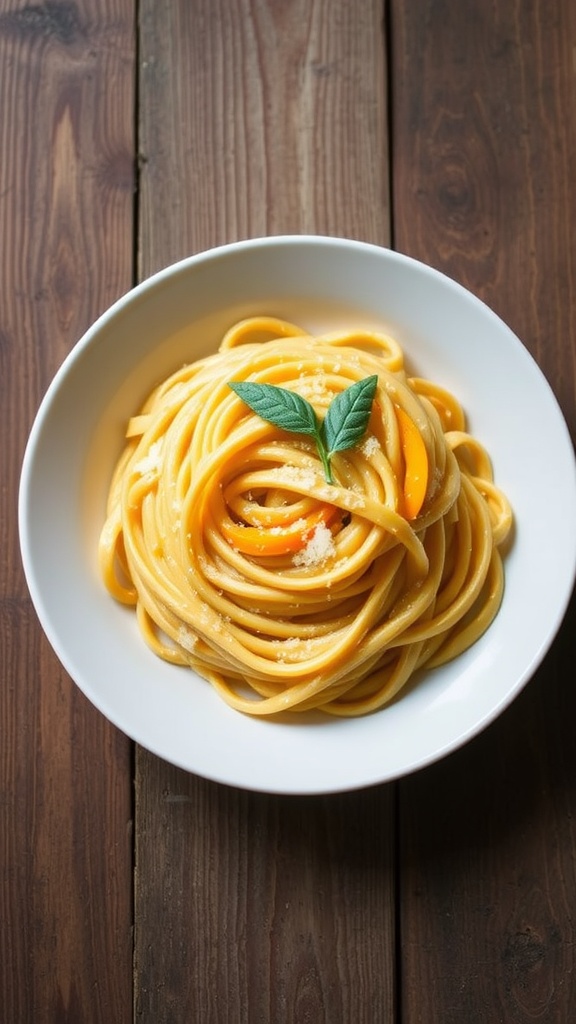 Creamy butternut squash pasta garnished with sage and Parmesan on a rustic table.